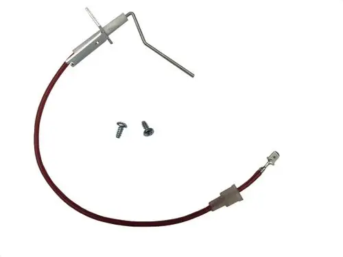 Ionisationselektrode von Bosch mit rotem Kabel und anschlussfertiger Metallhalterung, begleitet von zwei Schrauben zur Befestigung.